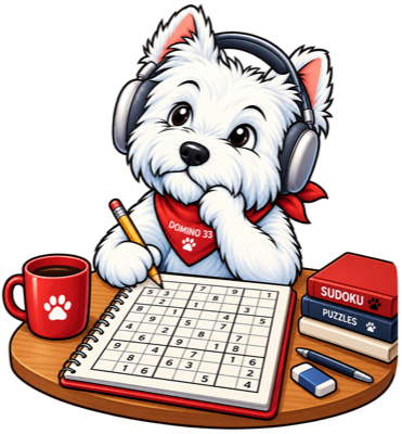 Domino, la mascotte de Domino33, résout une grille de Sudoku au crayon avec son casque, un café et ses livres