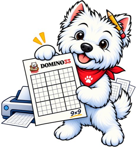 Domino, la mascotte de Domino33, présente une fiche de Sudoku 9x9 vierge à l'en-tête Domino33, tout juste sortie de l'imprimante